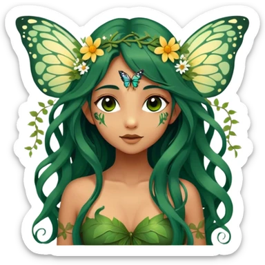 Cinematic Realistic Forest Nymph Fairy portrait, with butterfly wings and depicted with lifelike, sun-kissed tanned skin that radiates an earthy glow, softly illuminated by natural, dappled light. Her long, flowing dark green hair is intricately detailed and interwoven with delicate vines and wildflowers, while her deep, soulful eyes mirror the wisdom of the forest. Dressed in an attire inspired by nature’s palette—with subtle botanical motifs—the portrait exudes a soft, enchanted glow that melds realism with woodland magic. sticker