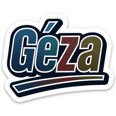 Géza name in masculine, modern gradient font with dark contour, prominent and clearly visible white border like the sample image, dynamic slanted underline, masculine color shades including blue, gray, burgundy, green, brown, 1000x1000 px, PNG, transparent background, in the style of the uploaded sample. sticker