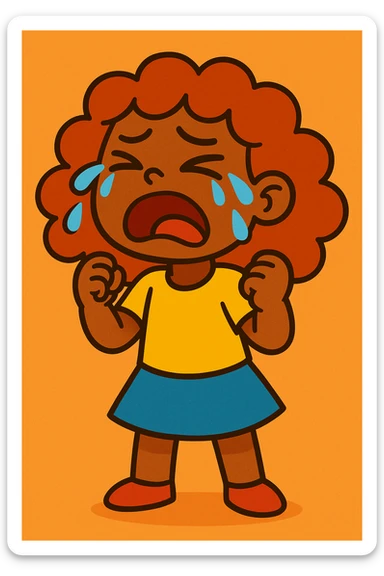 menina parda, cabelo cacheado avermelhado até os ombros, chorando, estilo cartoon colorido sticker