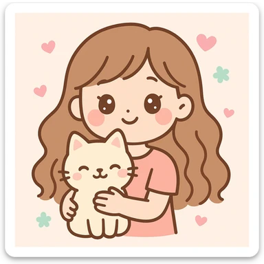 a girl with long wavy brown hair and brown eyes holding a cat, friendly and appealing style sticker