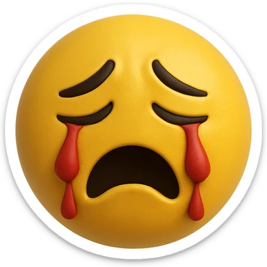 yellow crying face emoji, matte finish, red tears, no background sticker