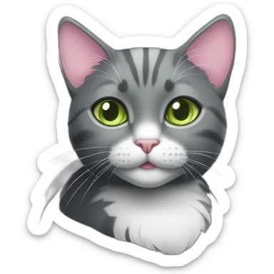 dark grey cat, small ears, pink nose, light green eyes, white long whiskers, white spots near the nose, white breast, the cat's fur is soft. sticker