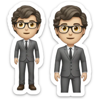 Full height Pale skinned Fit Man With dark brown hair in classic gray suit, beige office shirt, dark gray tie, and vintage glasses. His hands lock sticker