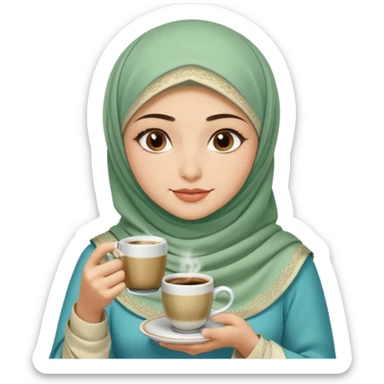 Turkish beautiful finish Konya girl blue with beige and butterfly light green hijab islamic dress and had on her hand Turkish coffee sticker