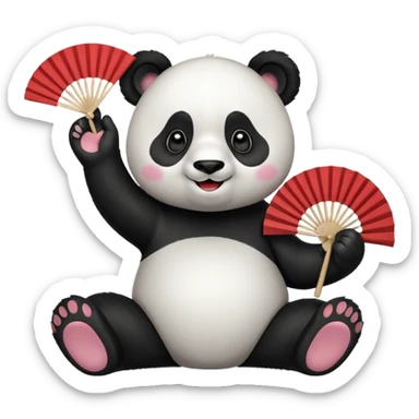 A panda waving a painted fan joyfully, cheeks puffed in excitement sitting
 sticker