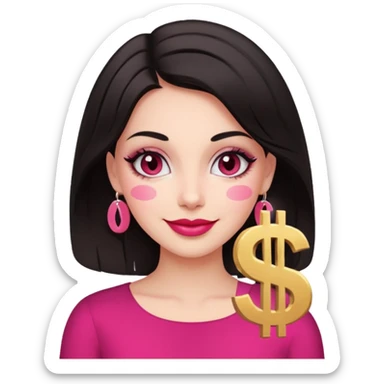 fair-skinned woman with dark hair, dollar sign ($) eyes, smiling, pink brush sticker