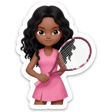 Tennis girl with long black curly wavy hair With pink dress and racket sticker
