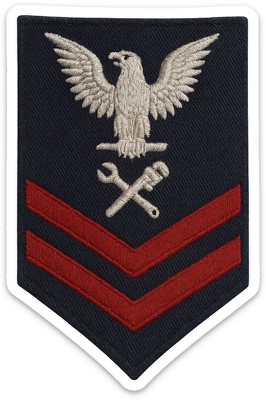 U.S. Navy Petty Officer Second Class (E-5) sleeve insignia, realistic style, silver eagle perched above two red chevrons with a specialty mark in between, no background, transparent sticker