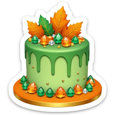 autumn themed green, orange & gold cake adorned with overflowing raw crystals & leaves  sticker