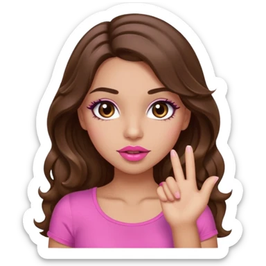 girl with long wavy brown hair, brown eyes, light to medium complexion, in a pink sexy top, pink puckered lips, long lashes, whatever with the hand out sticker