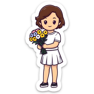 girl with brown hair wearing a white skirt holding a bouquet of flowers sticker