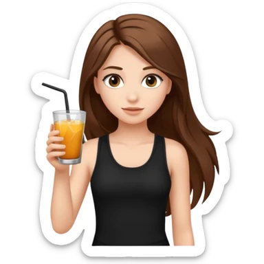 girl with long brown hair, false lashes, dressed with a black tank top and a drink in her right hand sticker