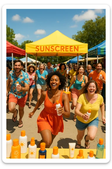 tante persone che corrono a comprare le creme solari sticker