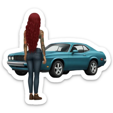 Beautiful tattooed burgundy long haired woman standing next to a car sticker