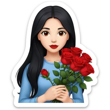 A beautiful girl with long black hair holding a bouquet of roses sticker