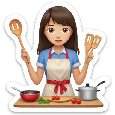 girl brunette with bangs long hair cooking sticker