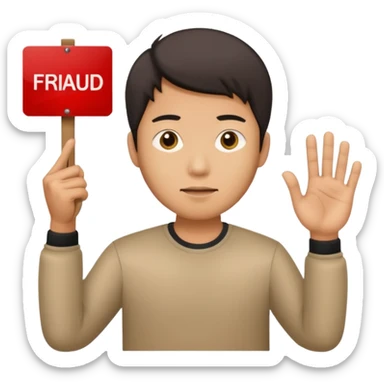 Asian guy holding sign saying fraud sticker