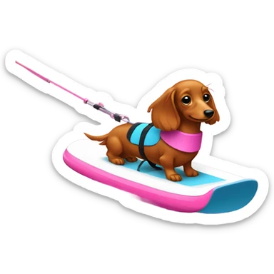 Long haired miniature dachshund red colour with pink collar on waterskis sticker