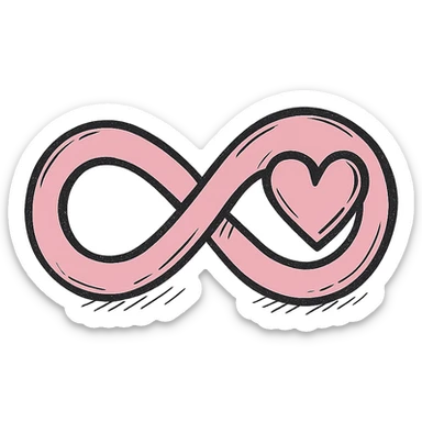 hand-drawn pink infinity symbol with clear outlines, stylized shadows and highlights, integrating a simple heart into the right loop of the infinity symbol sticker