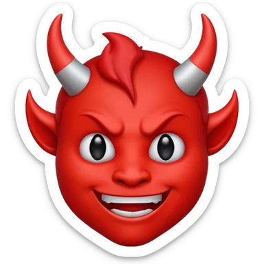 CARTOON STYLE EMOJI of a RED DEVIL FACE with small HORNS pointing up, BLACK EYES, and a MISCHIEVOUS SMILE. The entire face is RED with a smooth glossy texture. BACKGROUND is PURE WHITE, clean and simple. sticker