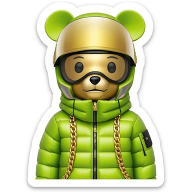 geometric bearbrick in lime graffiti balaclava wearing large snowboard style panoramic shield visor with single continuous lens, no eye division, luxury down jacket with fur, gold chains sticker