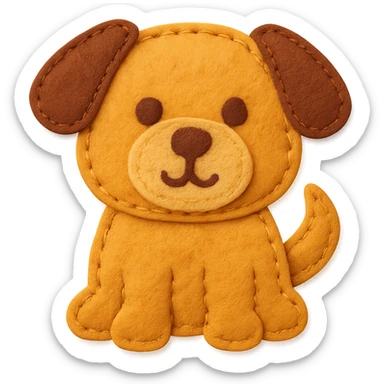 <StylePrompt>
  <Name>Felt Appliqué Plush Style</Name>
  <Description>A soft, handcrafted look inspired by plush felt fabric with visible stitching and a padded 3D texture, rendered on a solid black background.</Description>
  <VisualProperties>
    <Material>Felt</Material>
    <Texture>Soft, fuzzy, with slight fiber detail</Texture>
    <Stitching>
      <Type>Thick thread</Type>
      <Color>Orange or slightly darker tone than fabric</Color>
      <Pattern>Uniform running stitch along outer edge</Pattern>
    </Stitching>
    <Padding>High, plush-like 3D depth</Padding>
    <Edges>Rounded corners</Edges>
    <ColorPalette>
      <Primary>Warm yellow/orange tones</Primary>
      <Accent>Brown or dark orange for facial features and outline</Accent>
      <Background>Black</Background>
    </ColorPalette>
  </VisualProperties>
  <Rendering>
    <Lighting>Soft, even studio lighting</Lighting>
    <Shadows>Subtle drop shadows for depth</Shadows>
    <Perspective>Flat front-facing, symmetrical if applicable</Perspective>
  </Rendering>
  <Applicability>
    <SubjectType>Any object, animal, or letterform</SubjectType>
    <OutputFormat>Icon, emoji, patch-style graphic</OutputFormat>
  </Applicability>
</StylePrompt>

{subject} = dog sticker