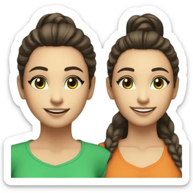 beautiful white teenage girl very long straight dark brown hair high ponytail emerald green eyes sunset orange shirt smile sticker