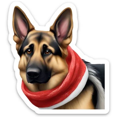 German shepherd dog with a scarf on a cold winter day with a Santa hat sticker