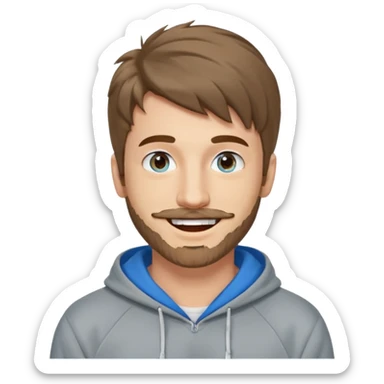 25 year old man, short scruffy beard and thin moustache, brown puffy mullet, blue eyes, big smile, white teeth, big lips, pronounced jaw, hair longer in back, sticking up on top, thin face, grey hooded sweatshirt sticker