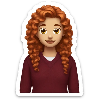 red-haired girl with long hair and curls styling in a burgundy sweater and a rat on her shoulder sticker