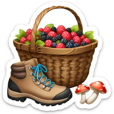 Icon for Mushroom and Berry Tourism: a basket filled with mushrooms and berries, surrounded by forest elements like trees, leaves, and a hiking boot. The icon should capture the joy of foraging in nature. Transparent background. sticker