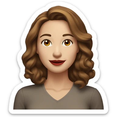 A cheerful woman in her 30s with fair skin, shoulder-length wavy brown hair, and a round face with prominent cheekbones. She has hazel eyes, full lips with red lipstick, and a warm, friendly smile. sticker