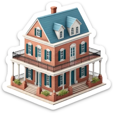 French Quarter mansion, isometric dollhouse-style, realistic sticker