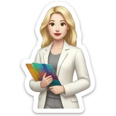 pale skin woman with blonde straight line Hair to shoulders, White classical jacket, Gray Palazzo pants holding a color palette in the hands sticker