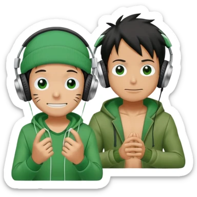 Green Luffy and green Alastor wearing headphones listening to music together sticker