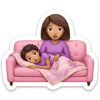 Mixed-race woman with caramel skin, slim thick, lying on a beige sofa with a pastel pink blanket sticker