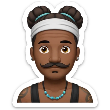 single big bun hair man and mustache and face tattoos very heavy and headband sticker