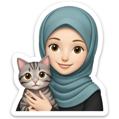 White girl wearing hijab holding a black grey tabby cat while smiling sticker