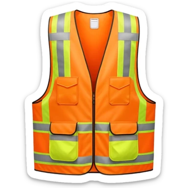 orange safety vest with bright yellow reflective stripes, construction site workwear, emoji style sticker