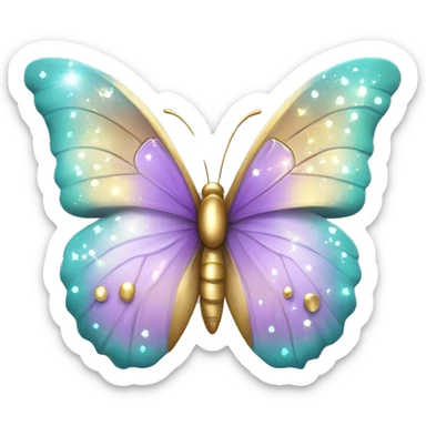 Magic lilac, golden, turquoise pastel colors style, with little shiny sparkles, some realistic kind beautiful butterfly sticker