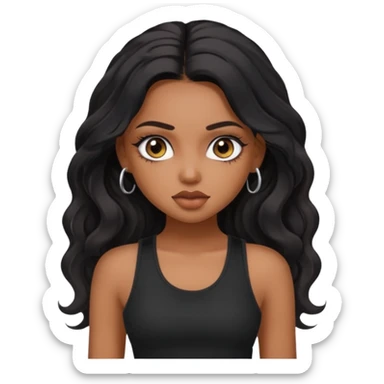 a pretty bratz dusky girl with long wavy black hair, kajal under eyes, black full sleeve tank top sticker