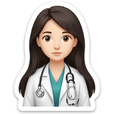 Make a dark long haired girl with a doctor's coat and a stethoscope around her neck that says PA on the breast ￼ sticker