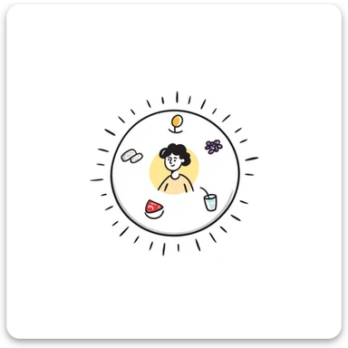 Floating orb of warm light containing mini bright icons: red meat, golden egg, purple beans, translucent tofu block and yogurt glass, slowly rotating around a radiant body figure that radiates strength and balance sticker