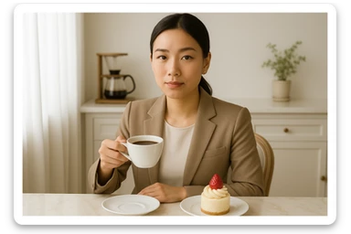 A sophisticated and premium atmosphere portrait of an Asian woman aged 25-35, visible from the upper body, enjoying drip coffee and dessert. She is a premium home cafe enthusiast with a professional and quality-focused expression. The background is clean and bright. The style should reflect a refined, elegant, and high-quality home cafe scene. sticker