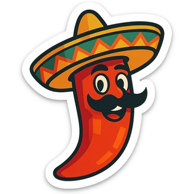 vibrant toon style red chile pepper with a sombrero and a Mexican moustache sticker
