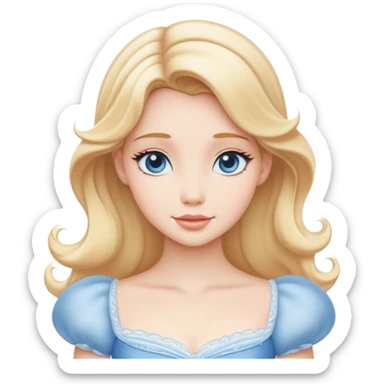 Cinematic Serene Cinderella Portrait Emoji, rendered in a realistic, vector-style with minimal shading. Depict a gentle Cinderella (chest and above) with porcelain skin, smooth blonde hair falling in soft waves, and calm, inviting eyes. Dressed in her modest daytime dress, she exudes quiet grace and pure enchantment, highlighted by a soft glowing outline. sticker