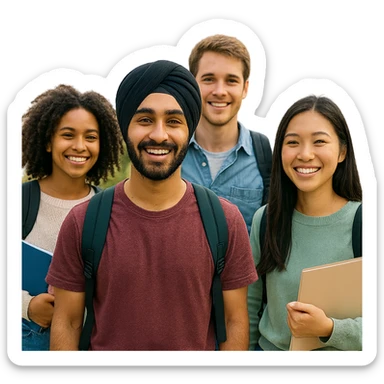 university sikh boy standing with friends in a diverse group, wearing a turban, cheerful, outdoor university setting sticker