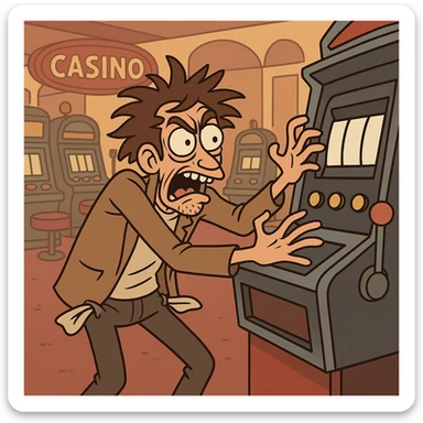 man with wild eyes desperately clawing at a slot machine, empty pockets, casino background, exaggerated cartoon style sticker
