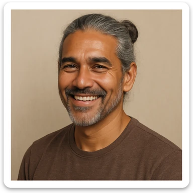 brown tanned man over 40 with long grey hair in a bun, smiling, head and shoulders, plain background sticker