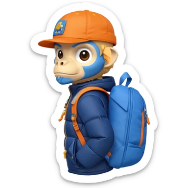 monkey with extremely angry face, in dark blue puffer jacket, holding blue origami dinosaur roller backpack, orange cap with Jurassic Park logo, Android emoji style sticker